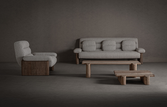 Canapea din lemn de ulm maro si stofa bej JACQUARD 235x100x85 cm [9]