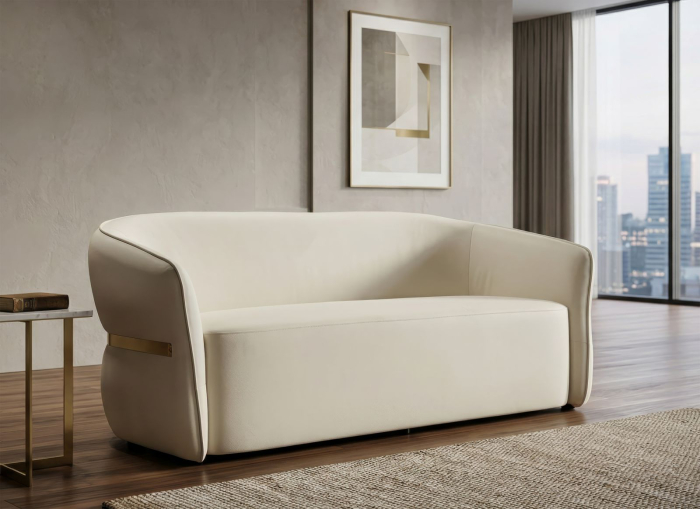 Canapea albă tapițată cu design curbat și detalii aurii design modern [8]