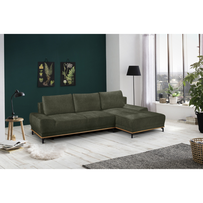 Canapea colțar dreapta extensibilă din stofă verde [3]