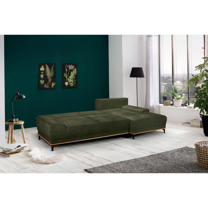 Canapea colțar dreapta extensibilă din stofă verde [2]