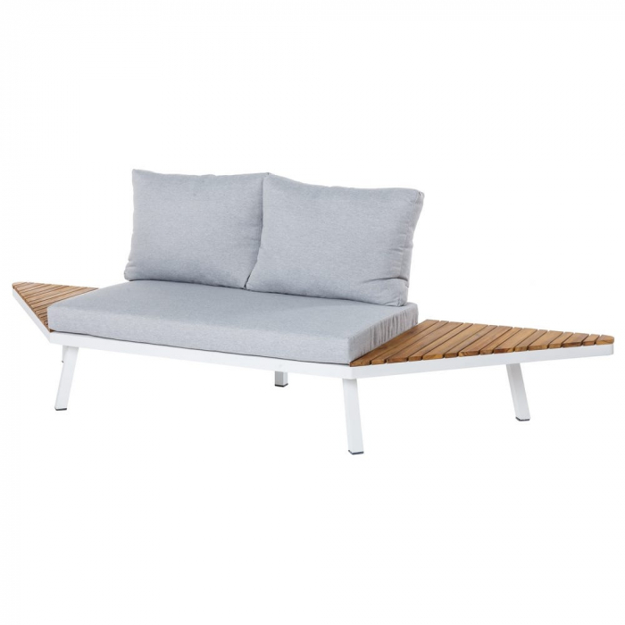 canapea SASKIA – alb mat cu blaturi din lemn, perne gri, stil nordic [1]