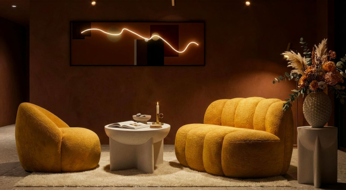 Canapea doua locuri rotunjita tapitata stofa mustar 145 cm [10]