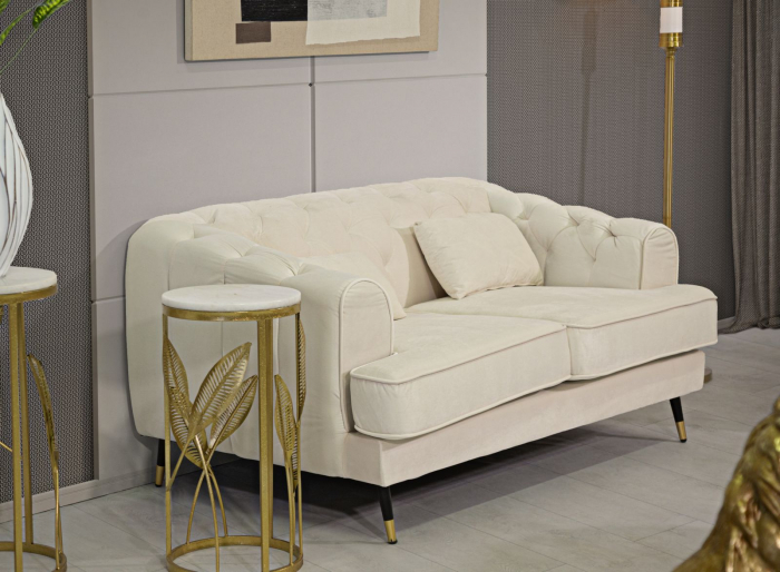 Canapea Alba 2 Locuri | Picioare Negru-Auriu | CreativDeco [2]