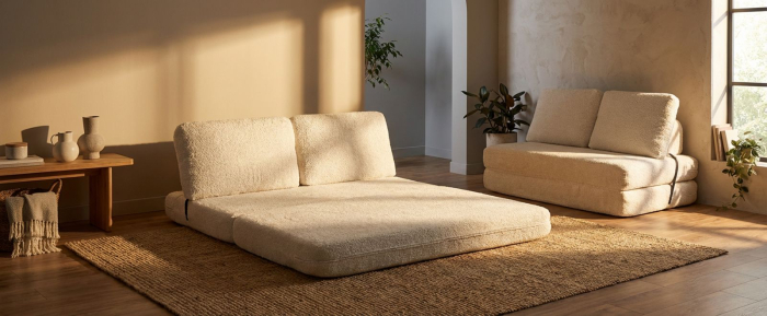 Canapea extensibila alba stofa boucle 150 cm [12]