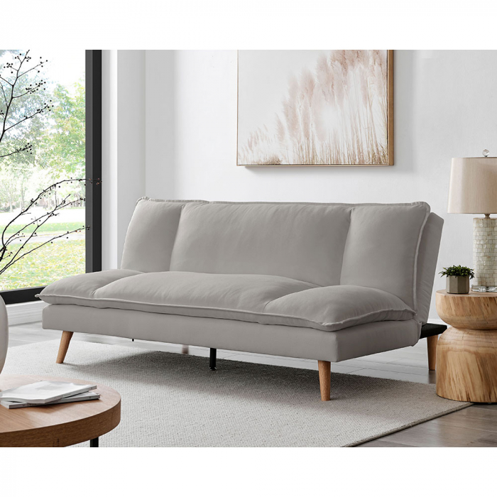 Canapea extensibilă Cozy gri deschis cu picioare din lemn - vedere frontală extinsă [2]