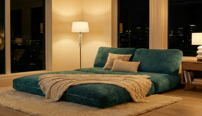 Canapea extensibila verde petrol stofa boucle 150 cm [14]