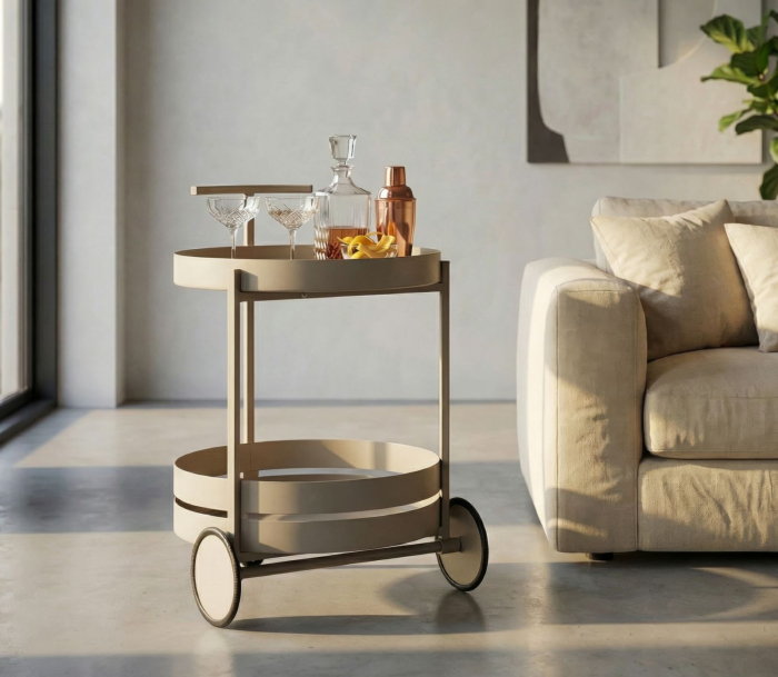 Cărucior de bar metalic gri taupe cu tăvi și roți [2]