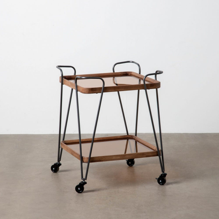 Cărucior de servire lemn de cauciuc cu roți, metal negru [7]
