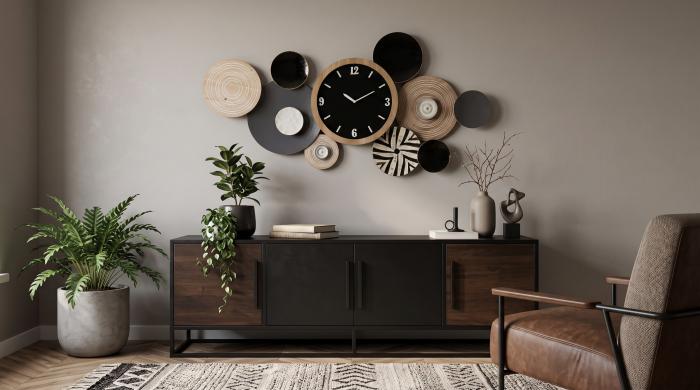 Ceas de perete design boho abstract, lemn natur si metal negru [2]