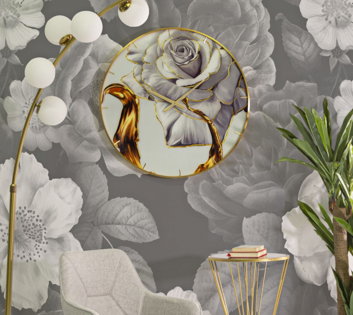 Ceas de perete contemporan cu trandafir alb - Design unic - CreativDeco [2]