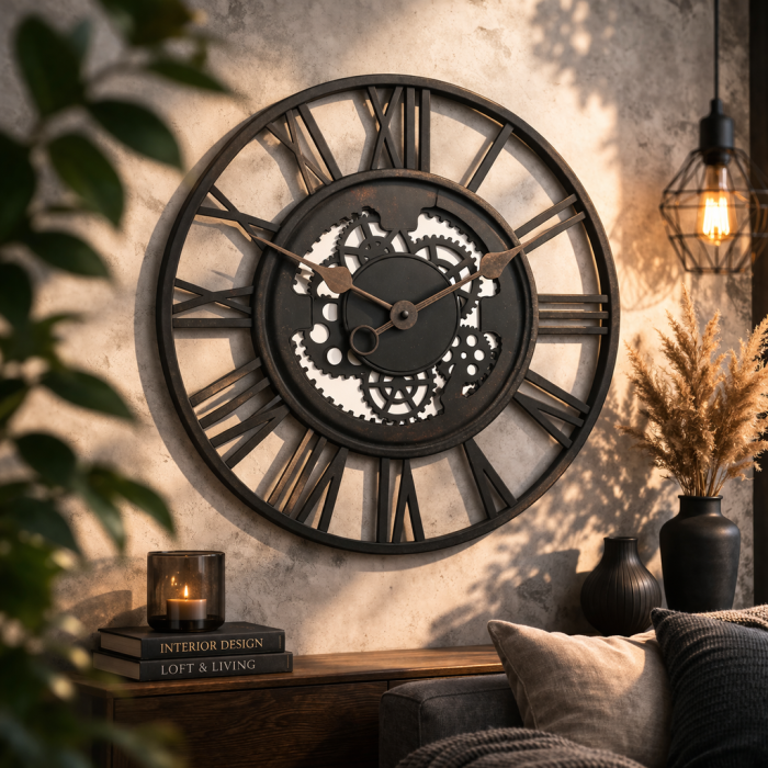 Ceas de perete rotund negru din pvc cu cifre romane si mecanism decorativ 50 cm [2]