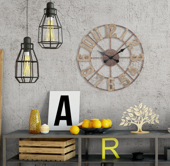 Ceas de perete Sursa, fier/MDF, aramiu/negru/lemn natural [3]