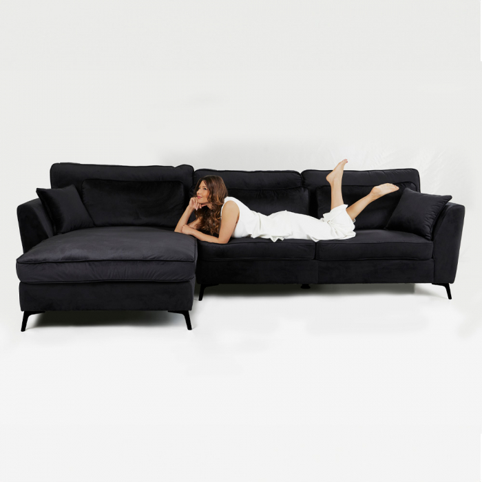 Colțar stânga Forever din catifea neagră cu picioare metalice – design modern [2]