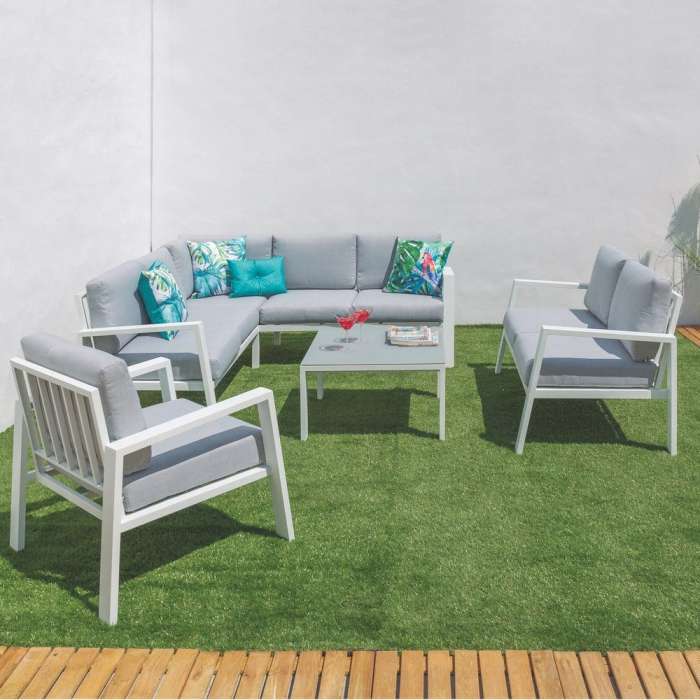Colțar THAIS alb – aluminiu mat, perne impermeabile gri, design mediteranean [6]
