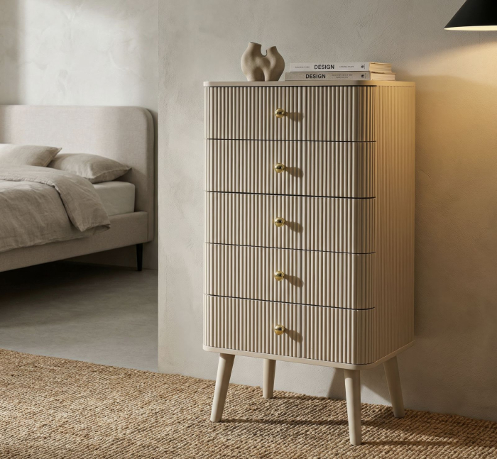 Comodă albă din lemn de pin și MDF cu 5 sertare texturate design modern [2]