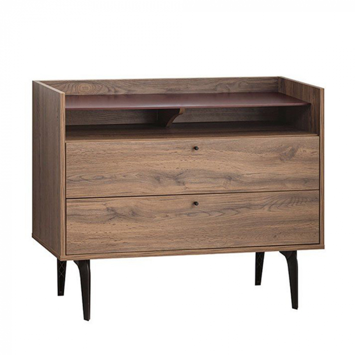 Comodă 2 sertare nuc 105x45x85 cm cu picioare metalice negre și poliță deschisă, design modern funcțional. [1]