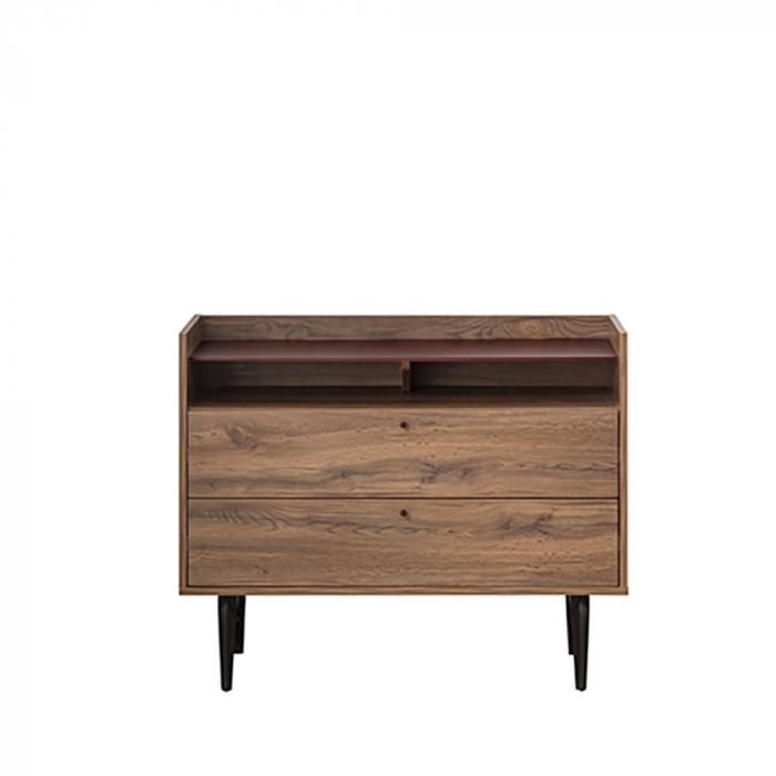 Comodă 2 sertare nuc 105x45x85 cm cu picioare metalice negre și poliță deschisă, design modern funcțional. [3]