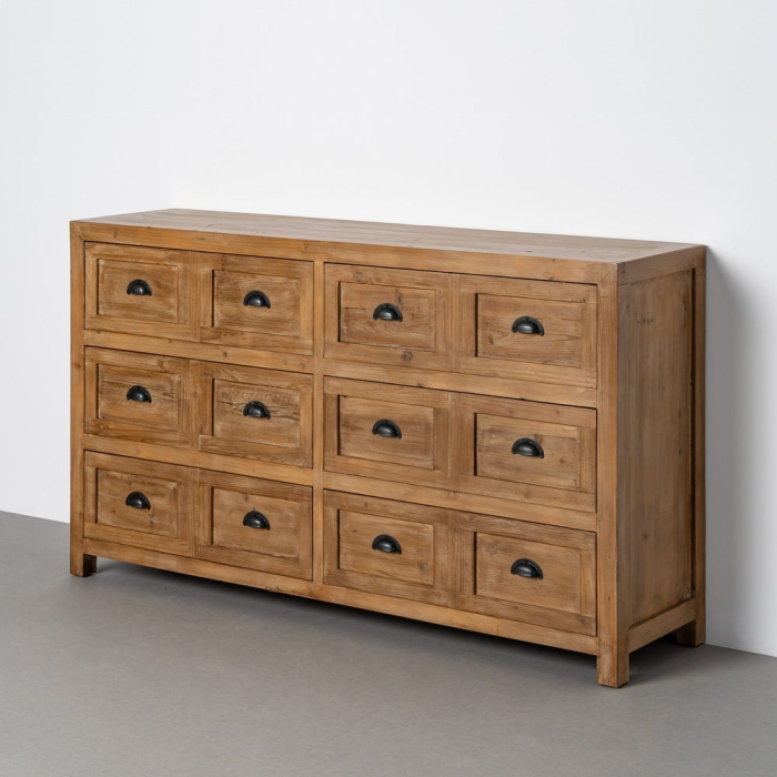 Comodă din lemn reciclat maro cu 12 sertare si manere metalice negre 160x40x90 cm [2]