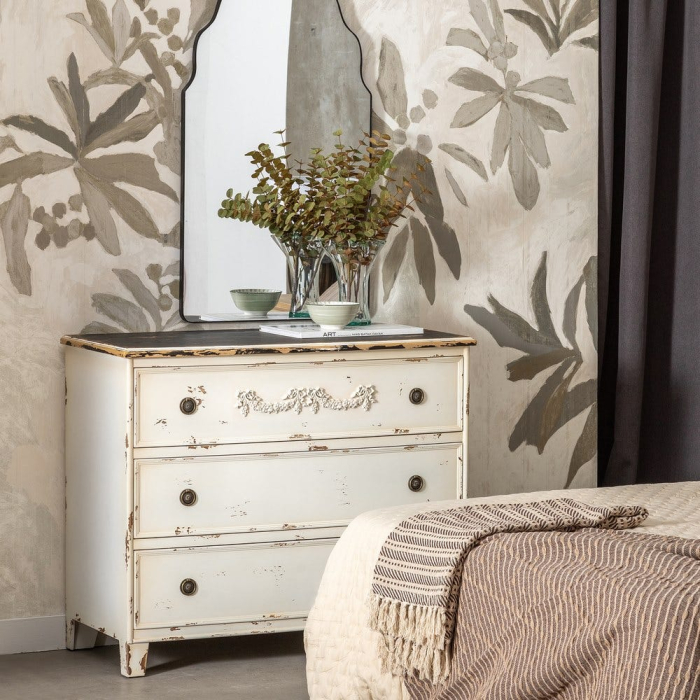 Comodă shabby chic din lemn alb uzat cu 3 sertare [13]