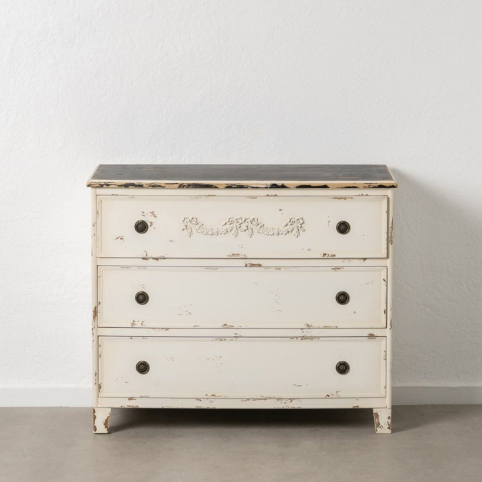 Comodă shabby chic din lemn alb uzat cu 3 sertare [1]