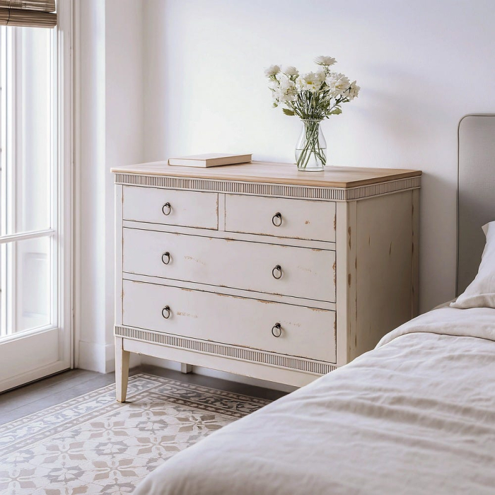 Comodă shabby chic crem cu blat natur și 4 sertare [1]