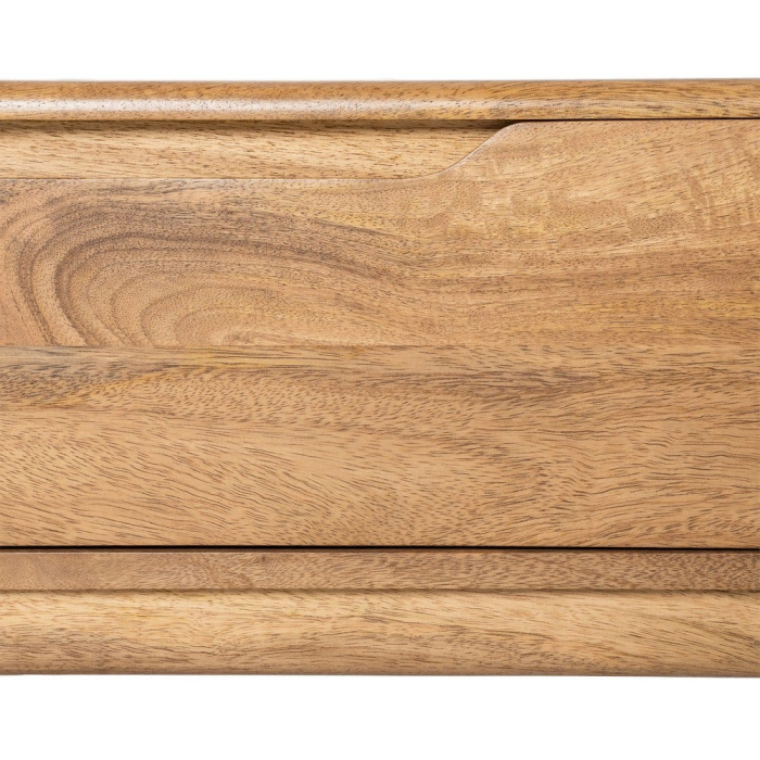 Comoda TV din lemn de mango cu trei sertare – imagine frontală, profil jos, picioare conice, fronturi line. [8]