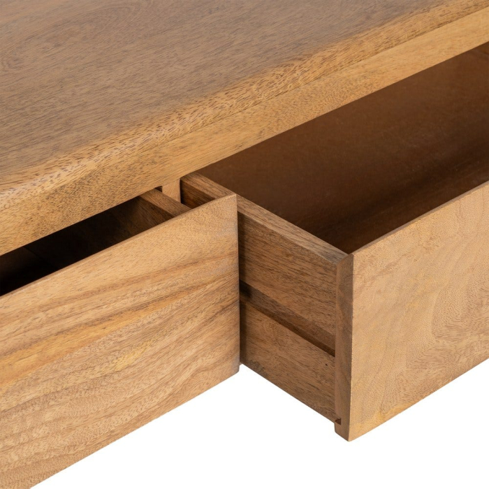 Comoda TV din lemn de mango cu trei sertare – imagine frontală, profil jos, picioare conice, fronturi line. [4]