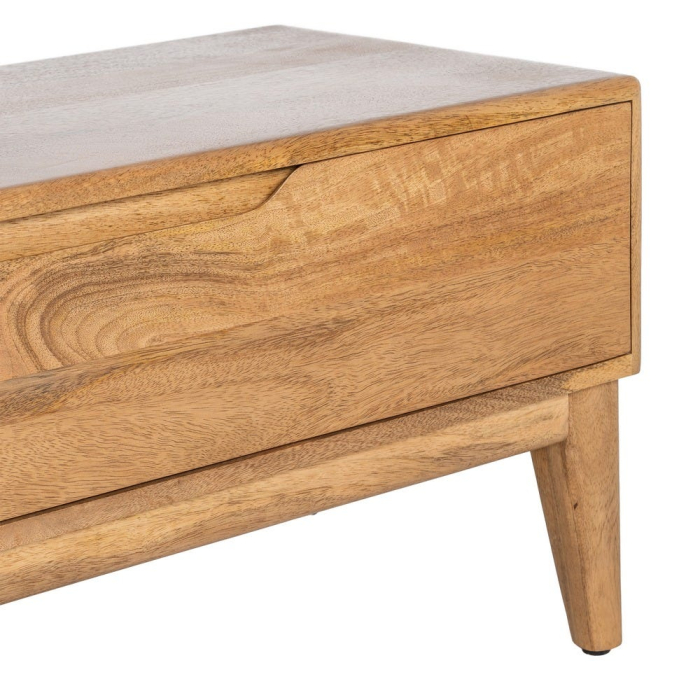 Comoda TV din lemn de mango cu trei sertare – imagine frontală, profil jos, picioare conice, fronturi line. [9]