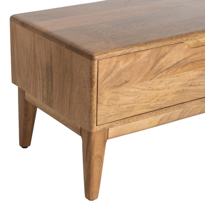 Comoda TV din lemn de mango cu trei sertare – imagine frontală, profil jos, picioare conice, fronturi line. [7]