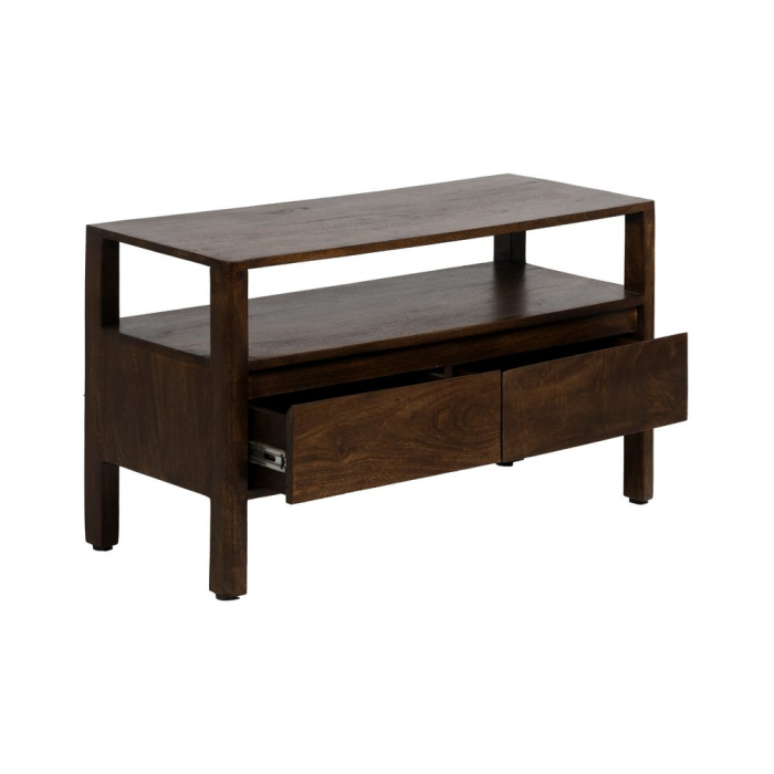 comoda tv din lemn mango maro doua sertare si raft deschis design simplu [4]