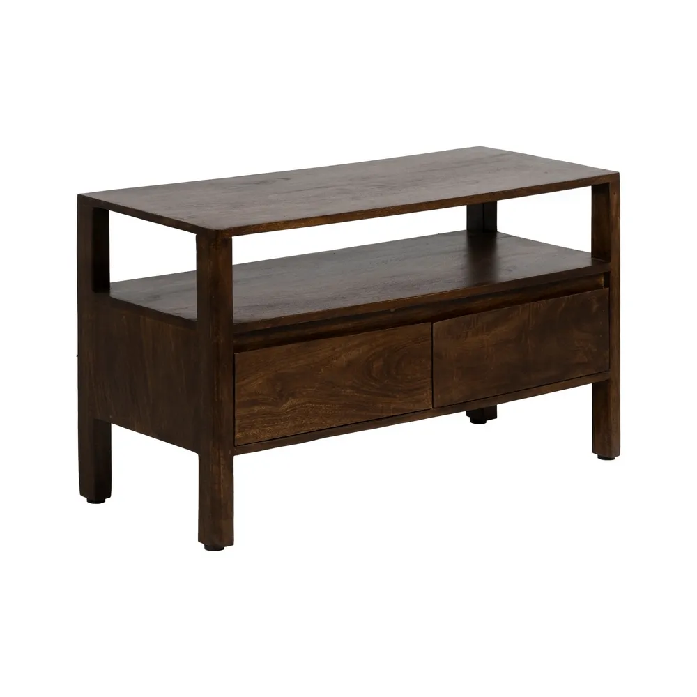 comoda tv din lemn mango maro doua sertare si raft deschis design simplu [2]