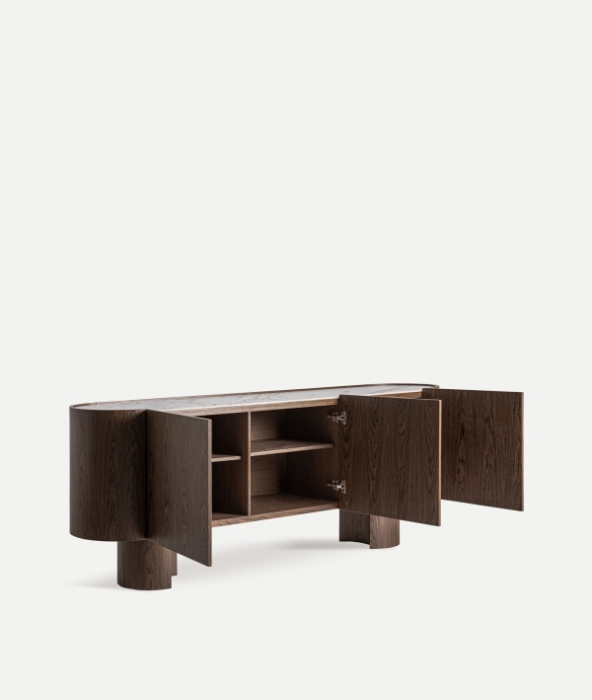 Comodă TV din lemn maro cu 3 uși, design japandi [3]