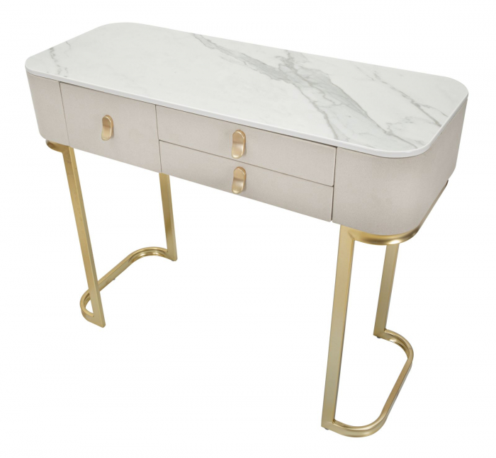 Consola 3 sertare Beauty, piele bej cu baza aurie - CreativDeco.ro [3]