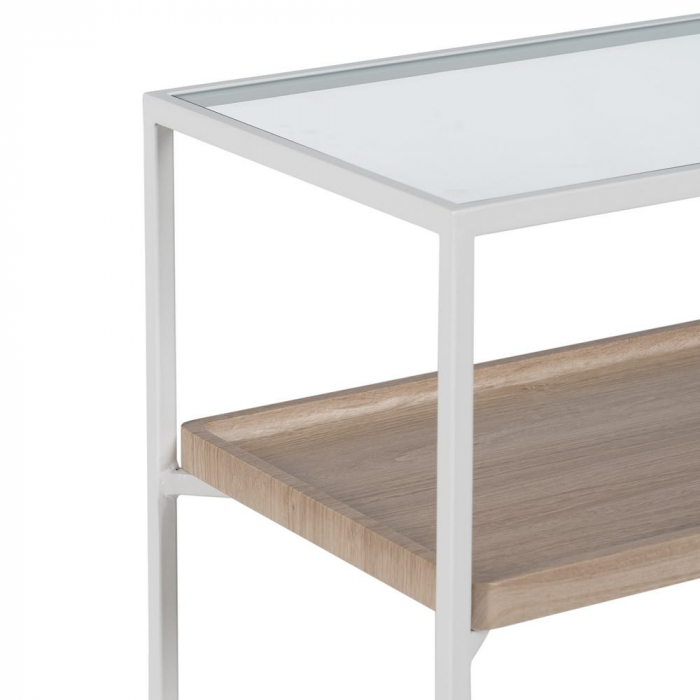 Consolă albă cu blat lemn și raft din sticlă – design modern aerisit [4]
