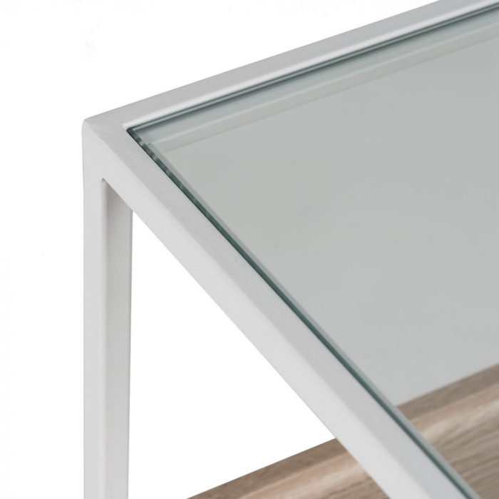Consolă albă cu blat lemn și raft din sticlă – design modern aerisit [5]