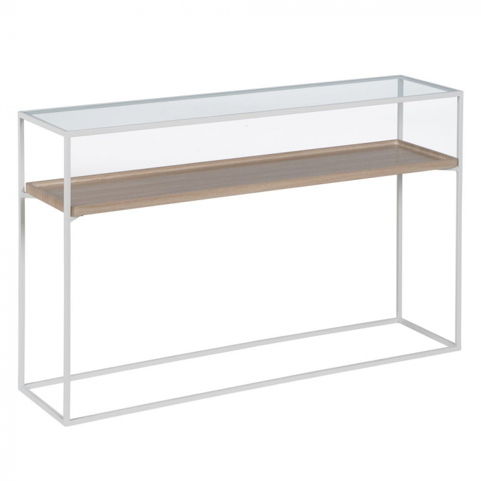 Consolă albă cu blat lemn și raft din sticlă – design modern aerisit [3]