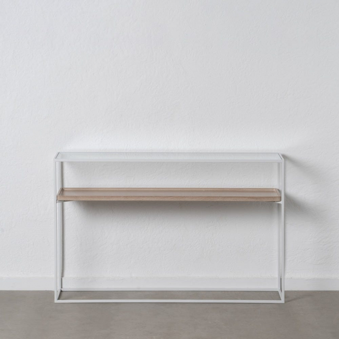 Consolă albă cu blat lemn și raft din sticlă – design modern aerisit [1]