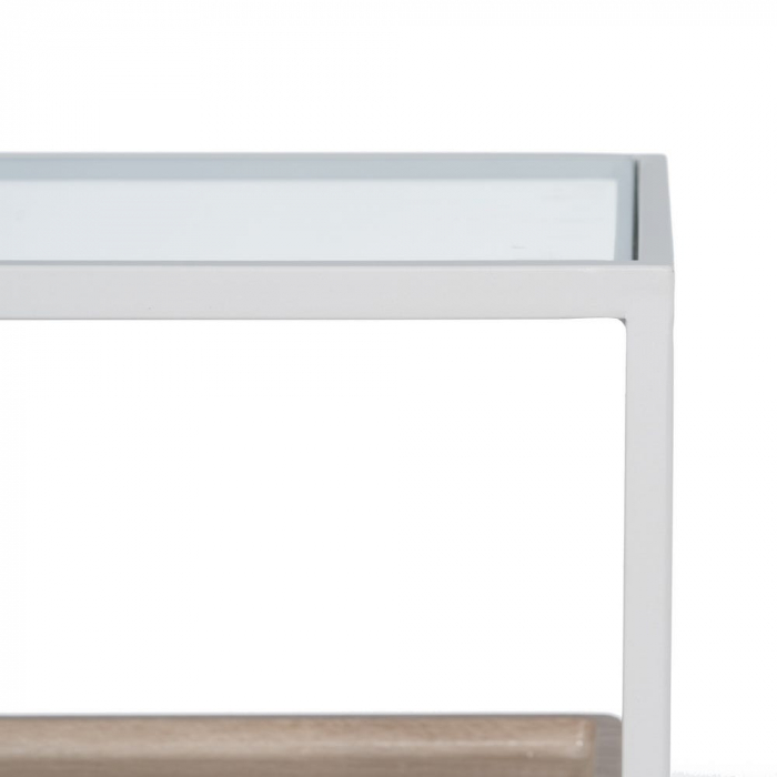 Consolă albă cu blat lemn și raft din sticlă – design modern aerisit [7]