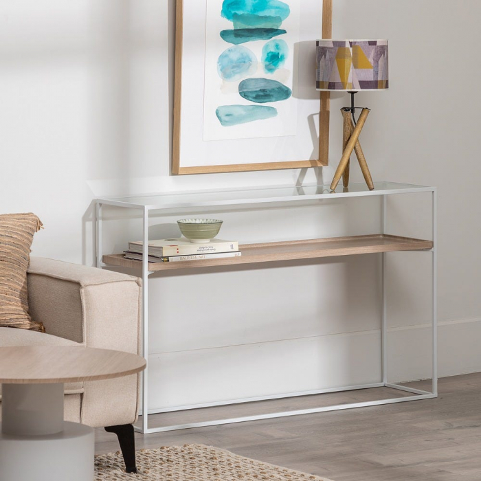Consolă albă cu blat lemn și raft din sticlă – design modern aerisit [2]