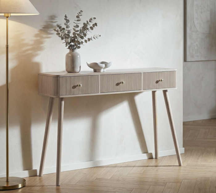 Consolă albă din lemn de pin și MDF cu trei sertare texturate design modern [2]