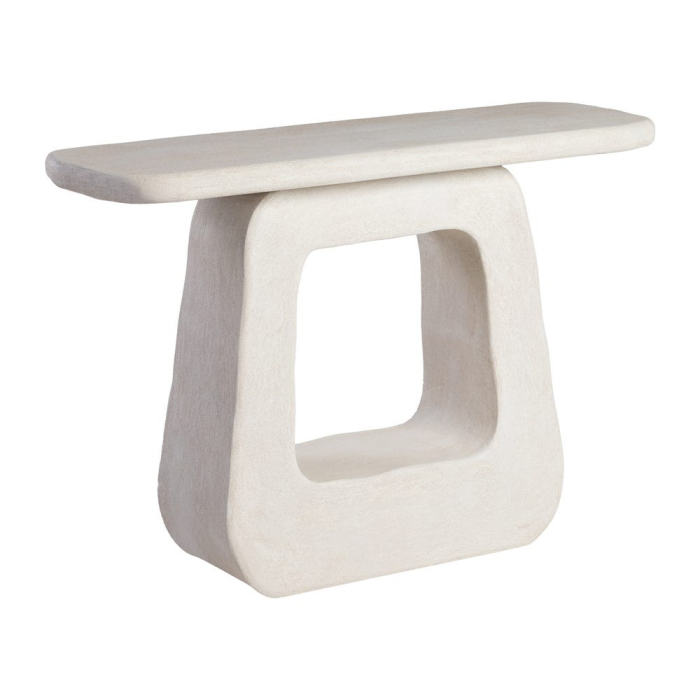 Consolă albă din MDF cu formă sculpturală Wilma – vedere frontală, bază decupată, blat subțire. [2]