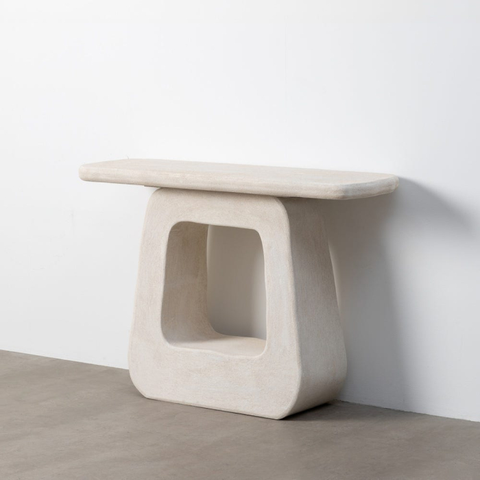 Consolă albă din MDF cu formă sculpturală Wilma – vedere frontală, bază decupată, blat subțire. [6]