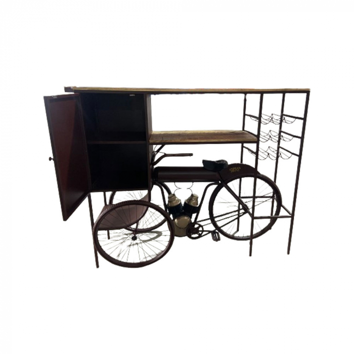 Consolă bar Tricycle metal visiniu și lemn natur design vintage - imagine frontală în ambient urban [2]