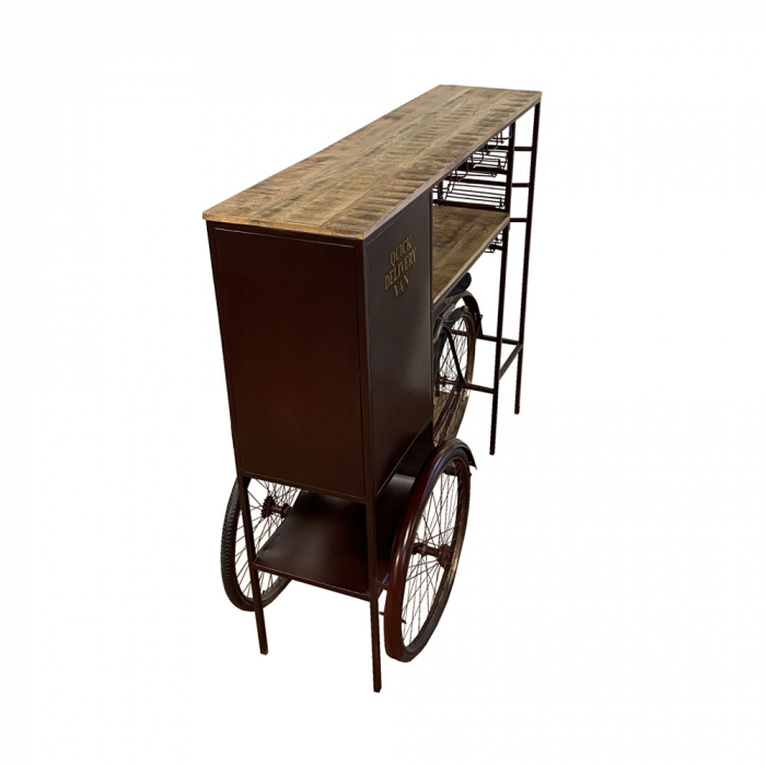 Consolă bar Tricycle metal visiniu și lemn natur design vintage - imagine frontală în ambient urban [4]