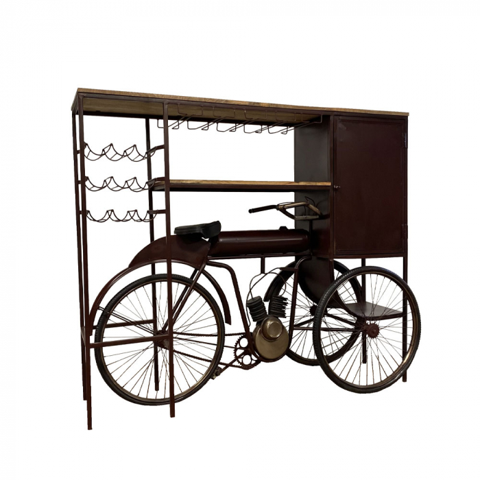 Consolă bar Tricycle metal visiniu și lemn natur design vintage - imagine frontală în ambient urban [3]