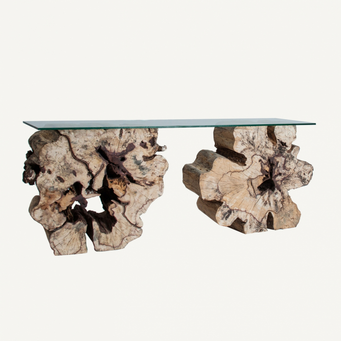 Consolă din lemn tropical cu blat din sticlă securizată, design sculptural unicat. [2]