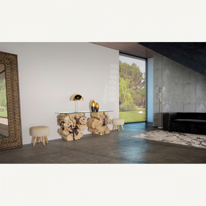 Consolă din lemn tropical cu blat din sticlă securizată, design sculptural unicat. [4]