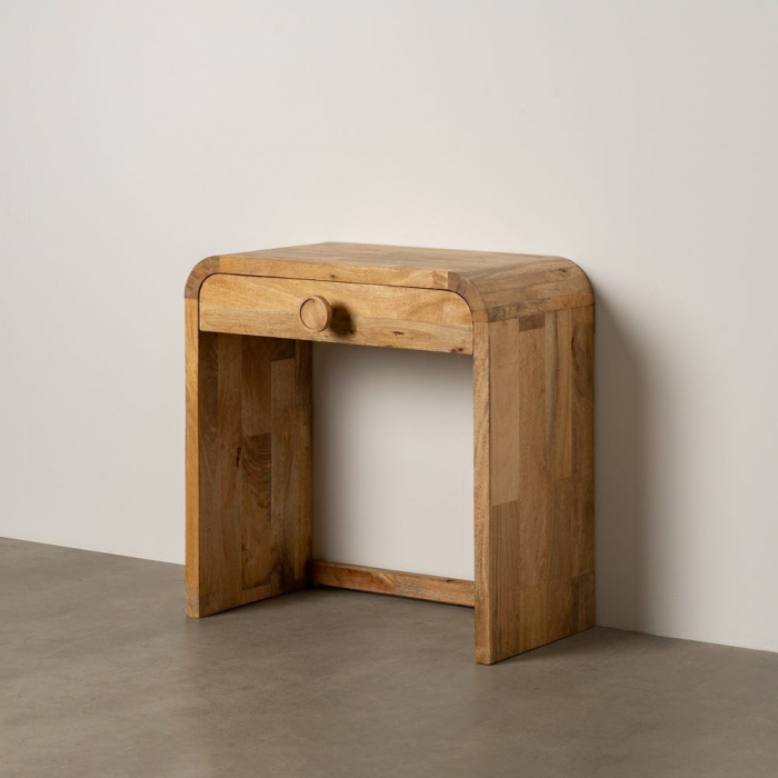 Consolă Ixia din lemn masiv mango – cu colțuri rotunjite și sertar sculptat – vedere frontală [1]