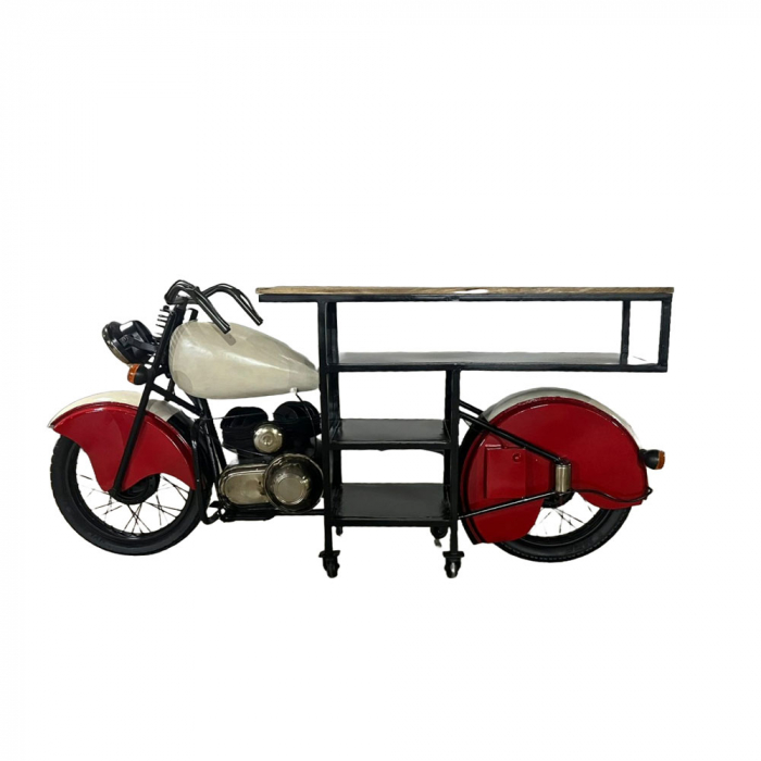 Consolă cu rafturi Motorcycle – motocicletă vintage, lemn mango, stil industrial [1]