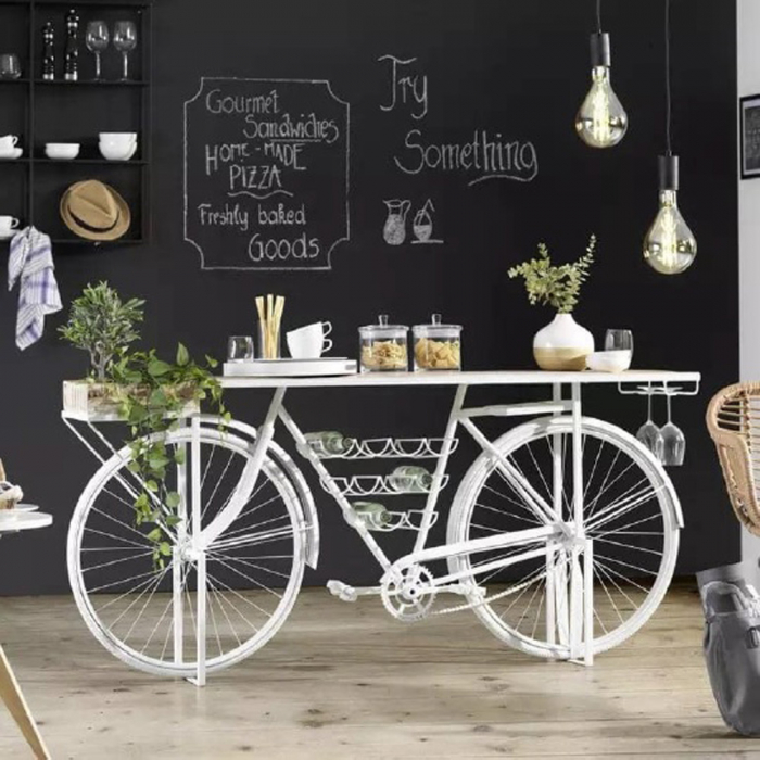 Consolă bar Cycling albă din metal și lemn mango – stil vintage decorativ [2]